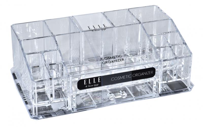 Acrylic Makeup Tray Organizer– 16 Compartments 1 Drawer, Rectangular Holder for Brushes, Eyeshadow Palettes, Skincare & Beauty Supplies