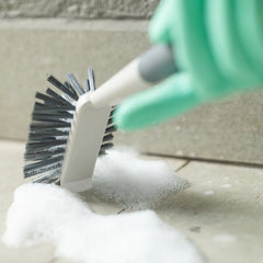 OU Multipurpose Scrub Brush, Heavy Duty Cleaning Scrubber Brush for Bathroom & Kitchen, Nonslip Soft Grip Handle & Built-In Scraper