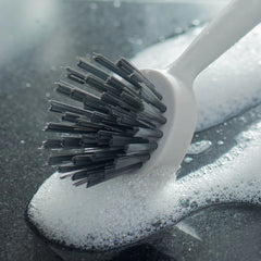 OU Cleaning Scrub Brush, Heavy Duty Cleaning Scrubber Brush for Bathroom & Kitchen, Nonslip Soft Silicone Grip Handle & Built-In Scraper