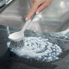 OU Cleaning Scrub Brush, Heavy Duty Cleaning Scrubber Brush for Bathroom & Kitchen, Nonslip Soft Silicone Grip Handle & Built-In Scraper