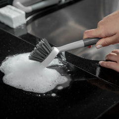 OU Cleaning Scrub Brush, Heavy Duty Cleaning Scrubber Brush for Bathroom & Kitchen, Nonslip Soft Silicone Grip Handle & Built-In Scraper