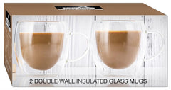 Double Walled Insulated Glasses Set of 2 - Clear Coffee Mugs with Handles, Durable Lightweight Glass - 8.5 OZ