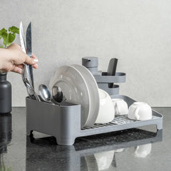 OU Dish Drying Rack, Freestanding Polypropylene Dish Drying Rack with Utensil Holder -  Modern Compact Dish Drainer & Strainer for Kitchen 16" x 8"