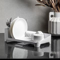 OU Dish Drying Rack, Freestanding Polypropylene Dish Drying Rack with Utensil Holder -  Modern Compact Dish Drainer & Strainer for Kitchen 16" x 8"