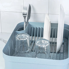 OU Dish Drying Rack for Kitchen Counter, Freestanding Plastic Dish Strainer with Utensil Holder, Compact Dish Drain for Plates, Cups & Cutlery