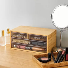 Bamboo Jewelry Organizer with 4 Clear Acrylic Drawers, Compact Multi Purpose Storage Box for Makeup, Office Supplies & Vanity Use, Smooth Glide Drawer