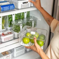 OU Fridge Organizer Bin with Drain Tray & Vented Lid, 2.3qt Clear Stackable Refrigerator Storage Bin, Produce Kitchen Storage Container, BPA Free