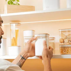 OU Airtight Food Storage Container Set 8pc (set of 4) Clear Plastic Storage Container w Leak Proof Bamboo Lid, Stackable Kitchen Pantry Organizer Jars