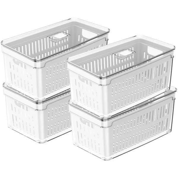 OU Fridge Organizer Bin with Drain Basket & Vented Lid, Clear Stackable Refrigerator Storage Container, Produce Kitchen Storage Bin, BPA Free, 4 Pack