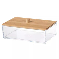 Acrylic Makeup Organizer with Bamboo Lid, Clear Nonslip Rectangular Cosmetic Storage Box for Bathroom & Vanity, Durable & Stylish Countertop Organizer