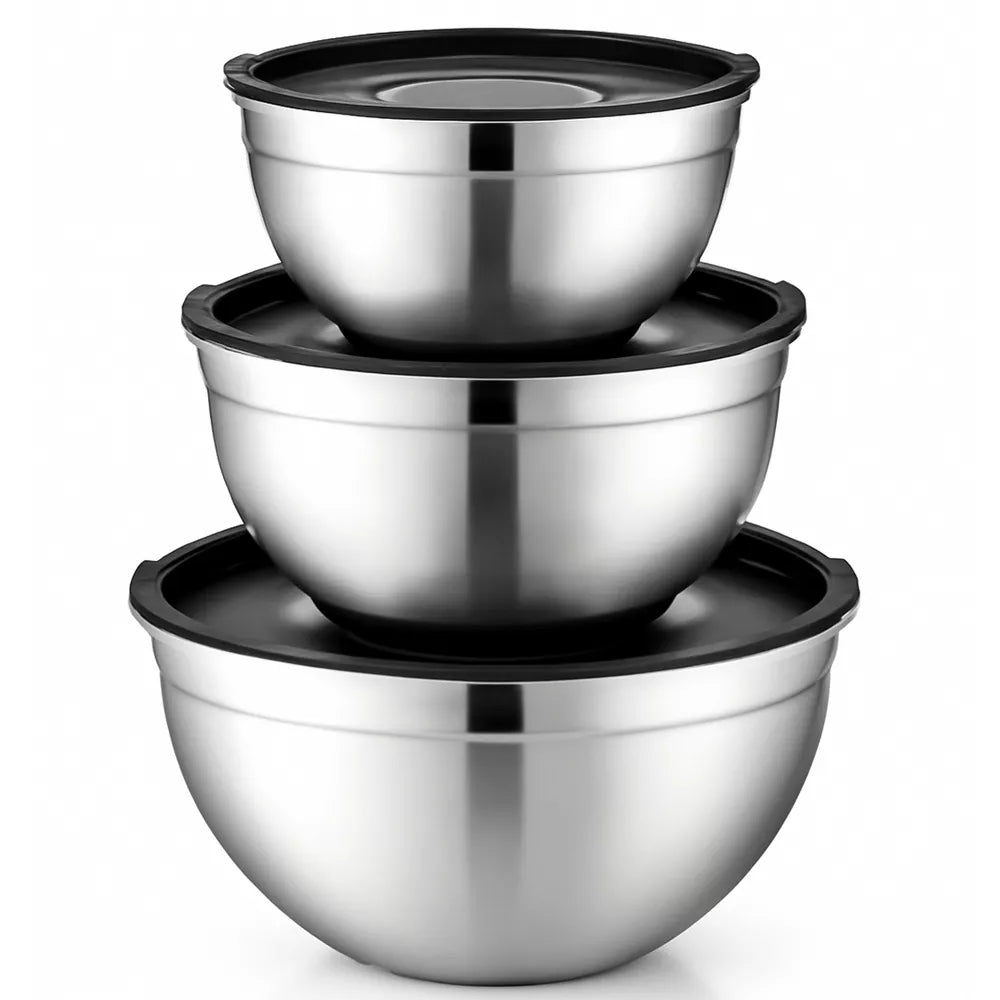 Stainless Steel Mixing Bowls with Lids, Set of 3 Durable Rust Resistant for Nonslip Nesting Mixing Bowl Set for Cooking, Baking, Meal Prep and Storage