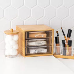 Bamboo Cotton Swab & Ball Organizer w/ 3 Acrylic Drawers, Lightweight Nonslip Bathroom Storage Box for Q-Tips, Cotton Balls & Personal Care Essentials