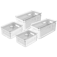 OU Fridge Organizer Bins with Drain Basket & Vented Lid, Clear Stackable Refrigerator Storage Container, Produce Kitchen Storage Bin, BPA Free, 4 Pack