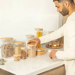 OU Airtight Food Storage Container Set 8pc (set of 4) Clear Plastic Storage Container w Leak Proof Bamboo Lid, Stackable Kitchen Pantry Organizer Jars