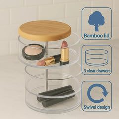 Makeup Organizer 3 Tier Rotating with Bamboo Lid, Clear Acrylic Jewelry Holder, Nonslip 360° Rotating Storage Tray
