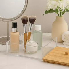 Acrylic Cosmetic Organizer with Bamboo Lid, Nonslip Durable & Stylish Clear Makeup Storage Box for Skincare, Beauty Accessories, Bathroom & Vanity Use