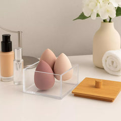 Cosmetic Organizer with Bamboo Lid, Clear Square Nonslip Acrylic Makeup, Cotton Ball & Swab Storage Box, Multi Purpose Vanity Organizer