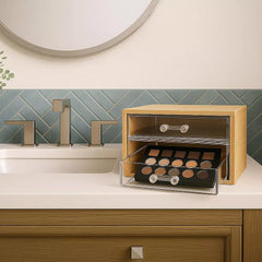Compact Bamboo Makeup & Jewelry Organizer with 2 Tier Acrylic Drawers, Nonslip Cosmetic Storage Box for Palettes, Skincare & Beauty Accessories