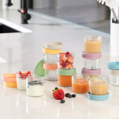 Baby Feeding Set, Silicone Baby Fruit Feeders, Baby Bibs & 12-Piece Glass Baby Food Storage Containers w/ Lids. Baby Must-Have, BPA-Free Easy to Clean