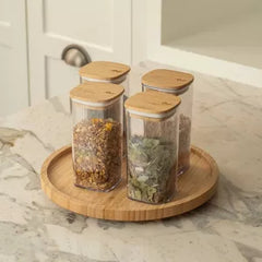 OU Airtight Food Storage Container Set 8pc (set of 4) Clear Plastic Storage Container w Leak Proof Bamboo Lid, Stackable Kitchen Pantry Organizer Jars