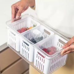 OU Fridge Organizer Bins with Triple Drain Baskets & Vented Lids, Clear Stackable Refrigerator Storage Container, Produce Kitchen Storage Bin