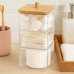 Cotton Swab and Ball Holder with Bamboo Lid, 3 Tier Nonslip Acrylic Q-tip Dispenser & Jewelry Storage Box, Bathroom, Vanity & Desk Essentials