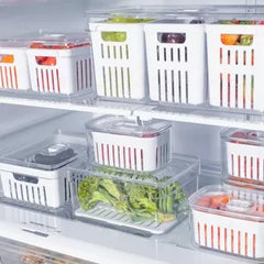 OU Fridge Organizer Bin with Drain Tray & Vented Lid, 2.3qt Clear Stackable Refrigerator Storage Bin, Produce Kitchen Storage Container, BPA Free