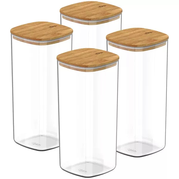 OU Airtight Food Storage Container Set 8pc (set of 4) Clear Plastic Storage Container w Leak Proof Bamboo Lid, Stackable Kitchen Pantry Organizer Jars