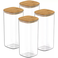 OU Airtight Food Storage Container Set 8pc (set of 4) Clear Plastic Storage Container w Leak Proof Bamboo Lid, Stackable Kitchen Pantry Organizer Jars