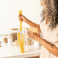 OU Airtight Food Storage Container Set 8pc (set of 4) Clear Plastic Storage Container w Leak Proof Bamboo Lid, Stackable Kitchen Pantry Organizer Jars