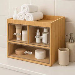 Bamboo Cosmetic Drawer Organizer with Open Shelf & 3 Acrylic Drawer Compartments, Nonslip Makeup, Jewelry & Skincare Organizer