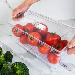 OU Fridge Organizer Bins with Drain Baskets & Vented Lids, Clear Stackable Refrigerator Storage Container, Produce Kitchen Storage Bin, BPA Free