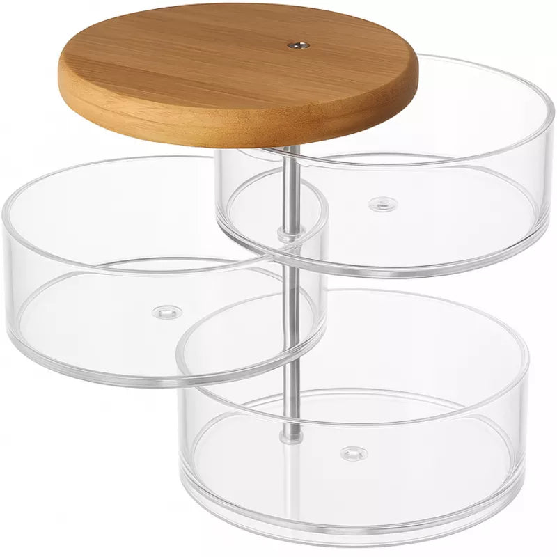 Makeup Organizer 3 Tier Rotating with Bamboo Lid, Clear Acrylic Jewelry Holder, Nonslip 360° Rotating Storage Tray