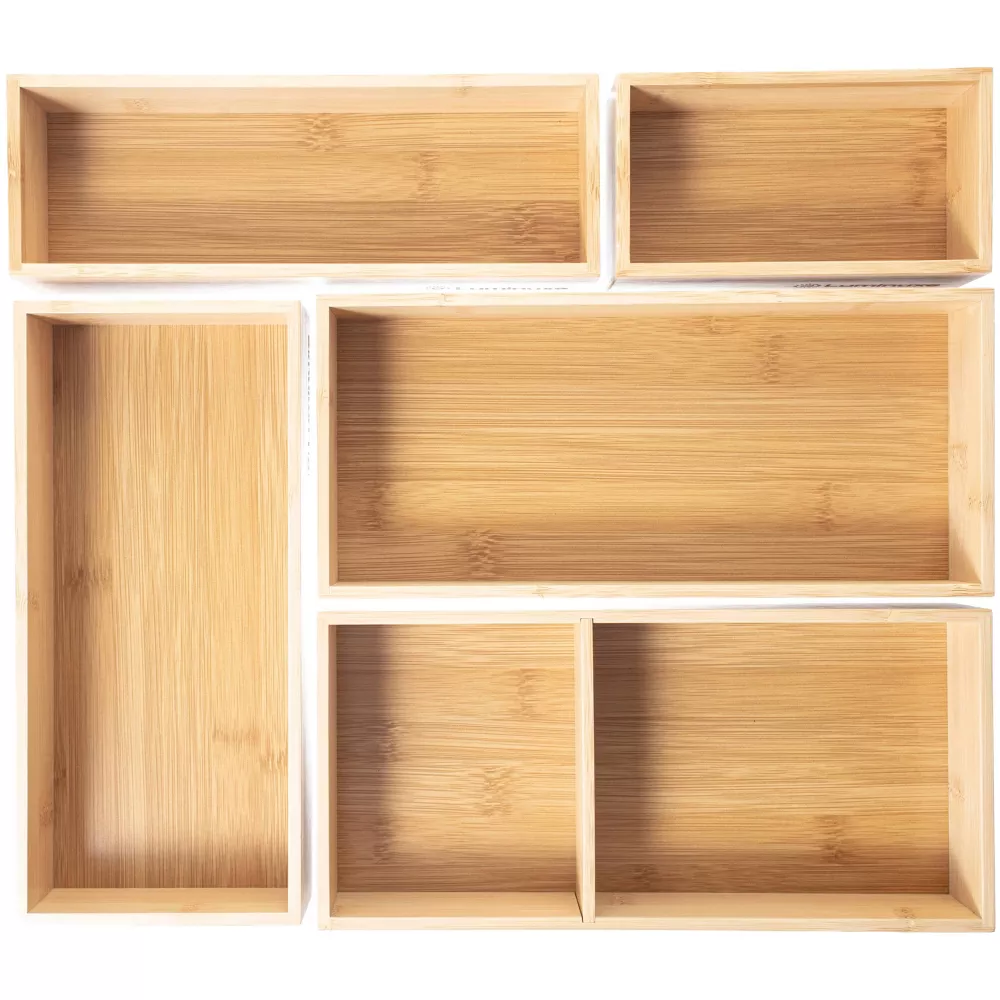 Bamboo Drawer Organizer Set, 5 Piece Non-Slip Versatile Storage Trays for Kitchen Utensils, Bathroom Essentials, Makeup & Jewelry – Modular & Eco-Friendly Design