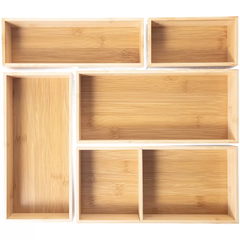 Bamboo Drawer Organizer Set, 5 Piece Non-Slip Versatile Storage Trays for Kitchen Utensils, Bathroom Essentials, Makeup & Jewelry – Modular & Eco-Friendly Design