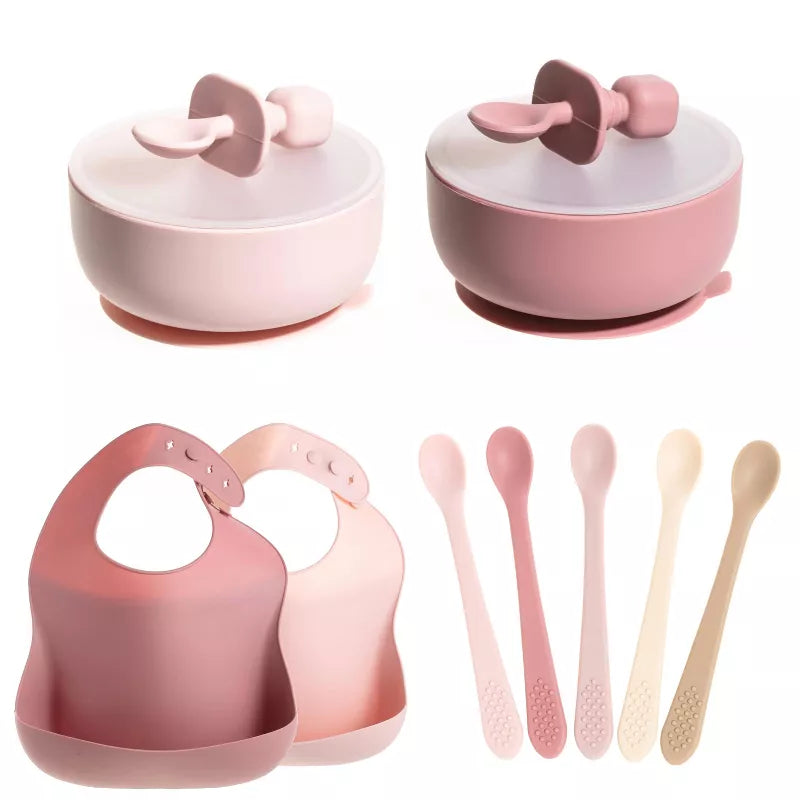 Baby Feeding Set, Silicone Bib, Bowl & Spoons for Self-Feeding First Stage Baby Essentials – Gum Friendly, BPA-Free, Easy to Clean & Safe for Babies