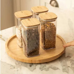 OU Airtight Food Storage Container Set 8pc (set of 4) Clear Plastic Storage Container w Leak Proof Bamboo Lid, Stackable Kitchen Pantry Organizer Jars