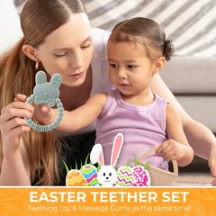 Easter Plush and Teether Baby Playset - Squeaky Bunny, Chicken, Easter Egg, Plush Toys and Silicone Teethers - Perfect Gift for Newborns and Babies