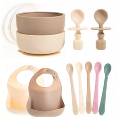 Baby Feeding Set, Silicone Bib, Bowl & Spoons for Self-Feeding First Stage Baby Essentials – Gum Friendly, BPA-Free, Easy to Clean & Safe for Babies