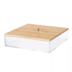 Acrylic Cosmetic Organizer with Bamboo Lid, Nonslip Durable & Stylish Clear Makeup Storage Box for Skincare, Beauty Accessories, Bathroom & Vanity Use