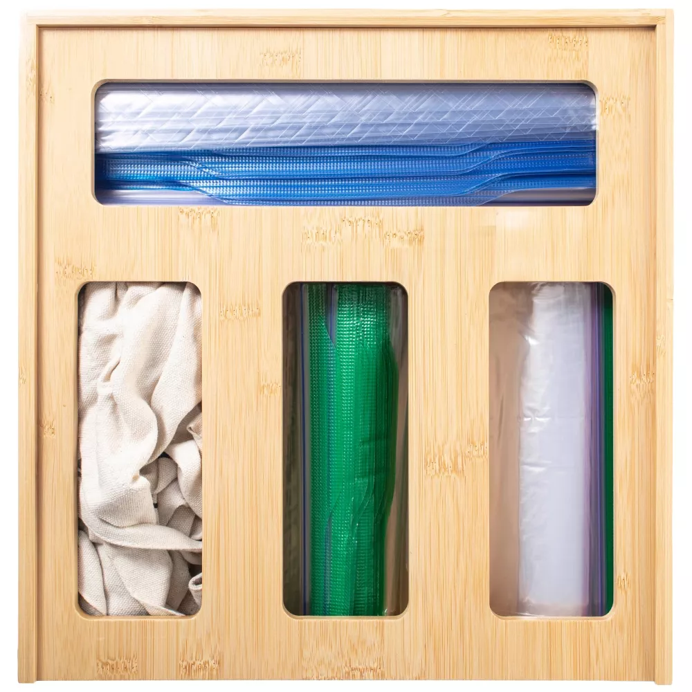 Bamboo Food Bag Storage Organizer for Kitchen Drawer, Durable, Non-Slip Plastic Bag Dispenser for Gallon, Quart, Sandwich & Snack Storage Organizer