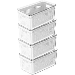 OU Fridge Organizer Bin with Drain Basket & Vented Lid, Clear Stackable Refrigerator Storage Container, Produce Kitchen Storage Bin, BPA Free, 4 Pack