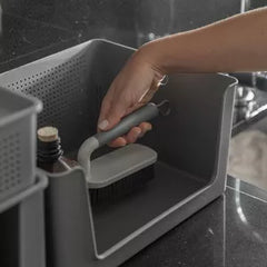 OU Scrub Brush with Ergonomic Handle, All Purpose Heavy Duty Cleaning Scrubber for Bathroom & Kitchen with Nonslip Handle, Scraper Edge & Hanging Loop