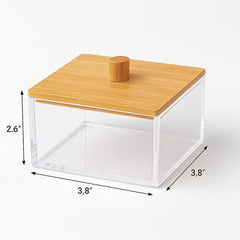 Cosmetic Organizer with Bamboo Lid, Clear Square Nonslip Acrylic Makeup, Cotton Ball & Swab Storage Box, Multi Purpose Vanity Organizer