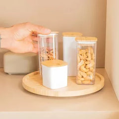 OU Airtight Food Storage Container Set 8pc (set of 4) Clear Plastic Storage Container w Leak Proof Bamboo Lid, Stackable Kitchen Pantry Organizer Jars