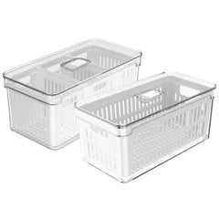 OU Fridge Organizer Bins with Drain Baskets & Vented Lids, Clear Stackable Refrigerator Storage Container, Produce Kitchen Storage Bin, BPA Free