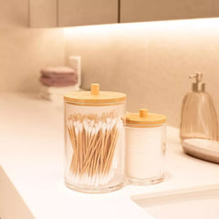 2 Section Acrylic Cotton Swab & Makeup Organizer with Bamboo Lid, Nonslip Clear Vanity Storage Container, Compact Bathroom Countertop Organizer