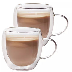 Double Walled Insulated Glasses Set of 2 - Clear Coffee Mugs with Handles, Durable Lightweight Glass - 8.5 OZ