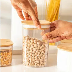 OU Food Storage Container Set 32pc (set of 16) Clear Airtight Plastic Containers, Leak Proof Bamboo Lids, Stackable Kitchen Pantry Organizer Jars