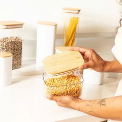 OU Food Storage Container Set 16pc (set of 8) Clear Airtight Plastic Containers, Leak Proof Bamboo Lids, Stackable Kitchen Pantry Organizer Jars